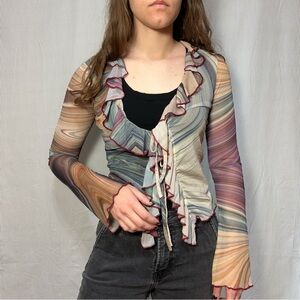 Multicolor Ruffled Mesh Long Sleeve Top